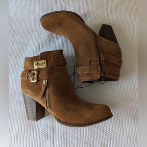 Guess Gather Ankle Boots Womens 10 Medium Brown Suede Logo Buckle Strap .
